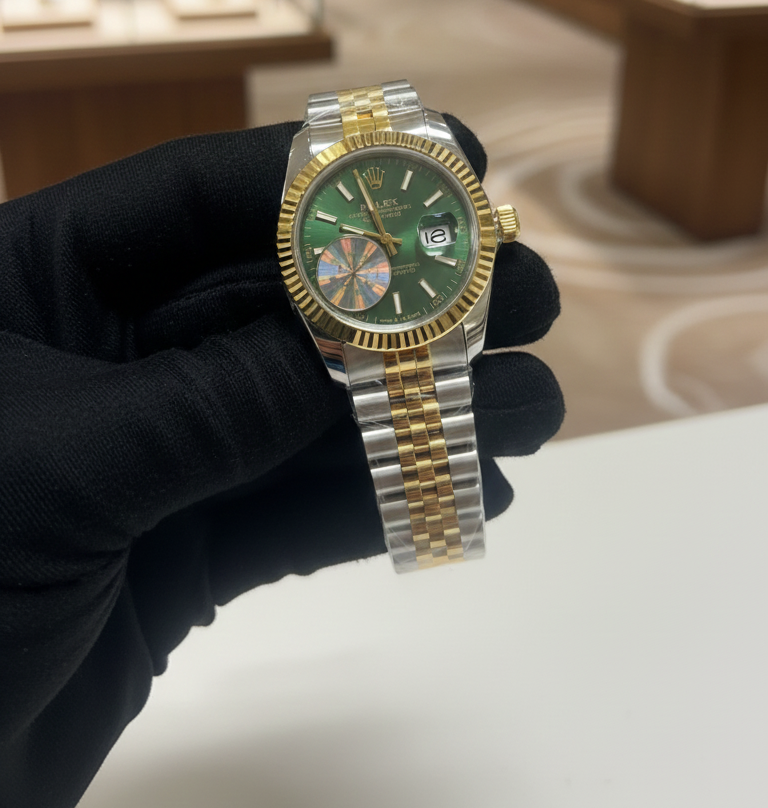 ساعة رولكس ديت نسائية فاخرة دائرية ستانلس ستيل بمينا أخضر زمردي