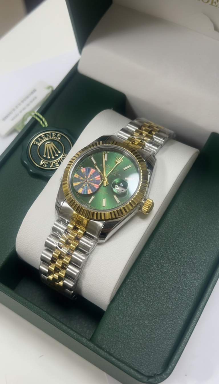 ساعة رولكس ديت نسائية فاخرة دائرية ستانلس ستيل بمينا أخضر زمردي