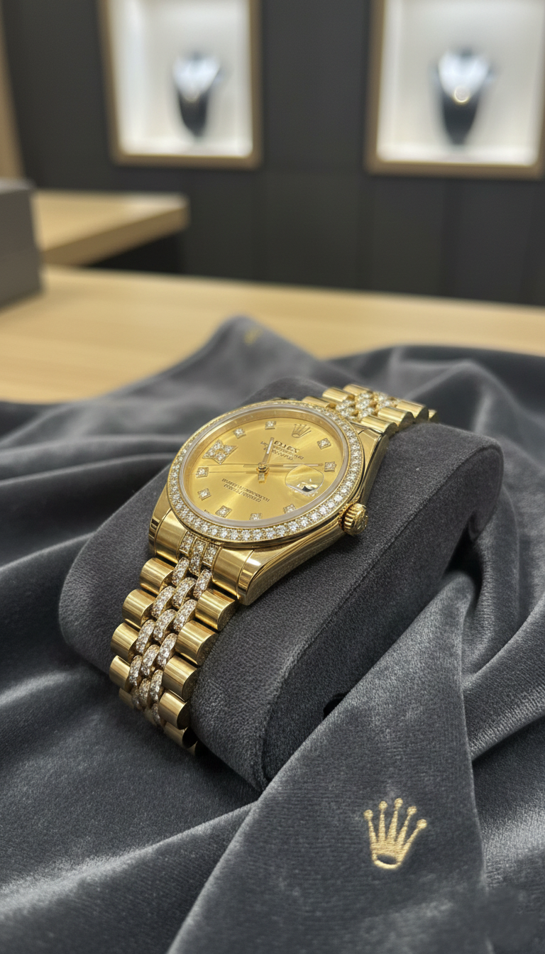 ساعة رولكس ديت جست نسائية فاخرة ثنائية اللون بمينا شامباني مرصع