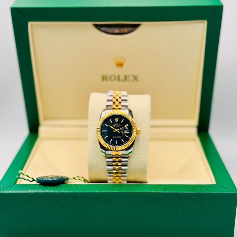 ساعة رولكس ديت نسائية فاخرة دائرية ستانلس ستيل بمينا كلاسيكية سوداء