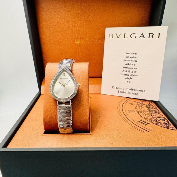 ساعة بولغاري (بولغاري) فاخرة للسيدات دمعة فضية اللون مرصعة بالكريستال